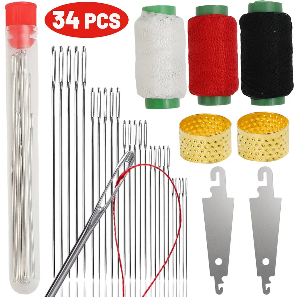 Sewing Needle Set with Needle Piercer Top Needle Big Eyed Stainless Steel Sewing Needles Household DIY Apparel Sewing Supplies