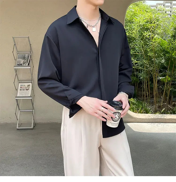 Men's Clothing Gray Chiffon Shirt Spring Fall Korean Style Loose Fit