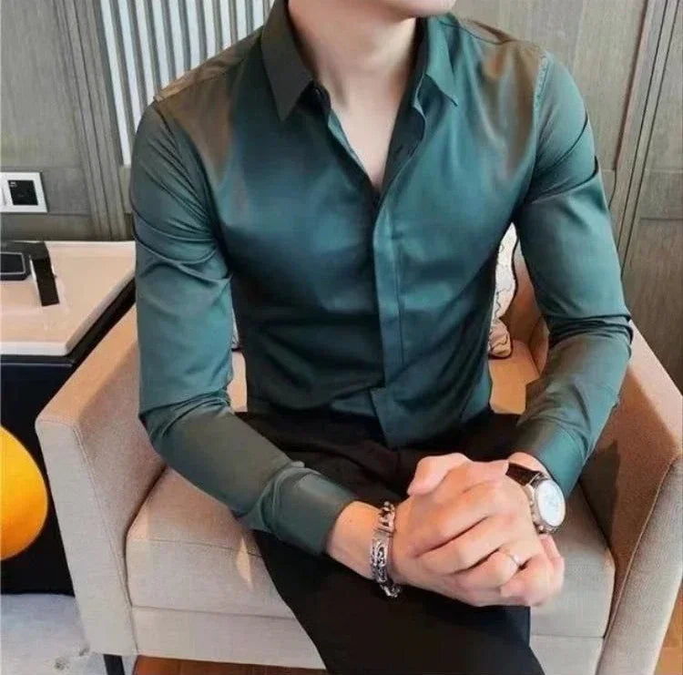 Men's Shirt And Blouse Business Green Long Sleeve Male Top Plain