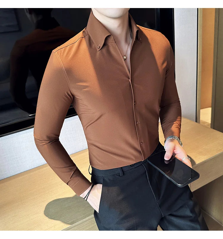 Men Dress Shirt 2025 Autumn British Style Solid Casual Slim Fit