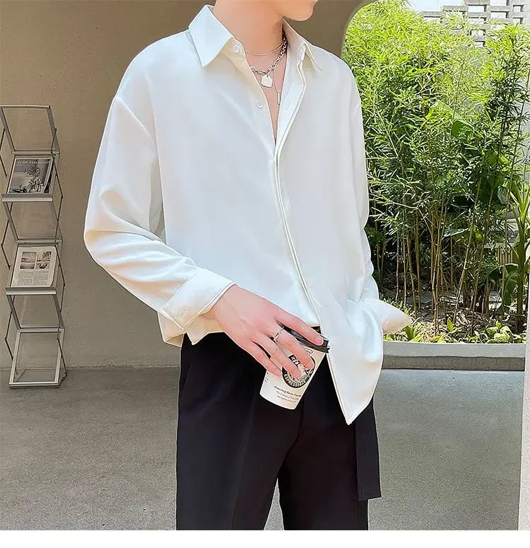 Men's Clothing Gray Chiffon Shirt Spring Fall Korean Style Loose Fit
