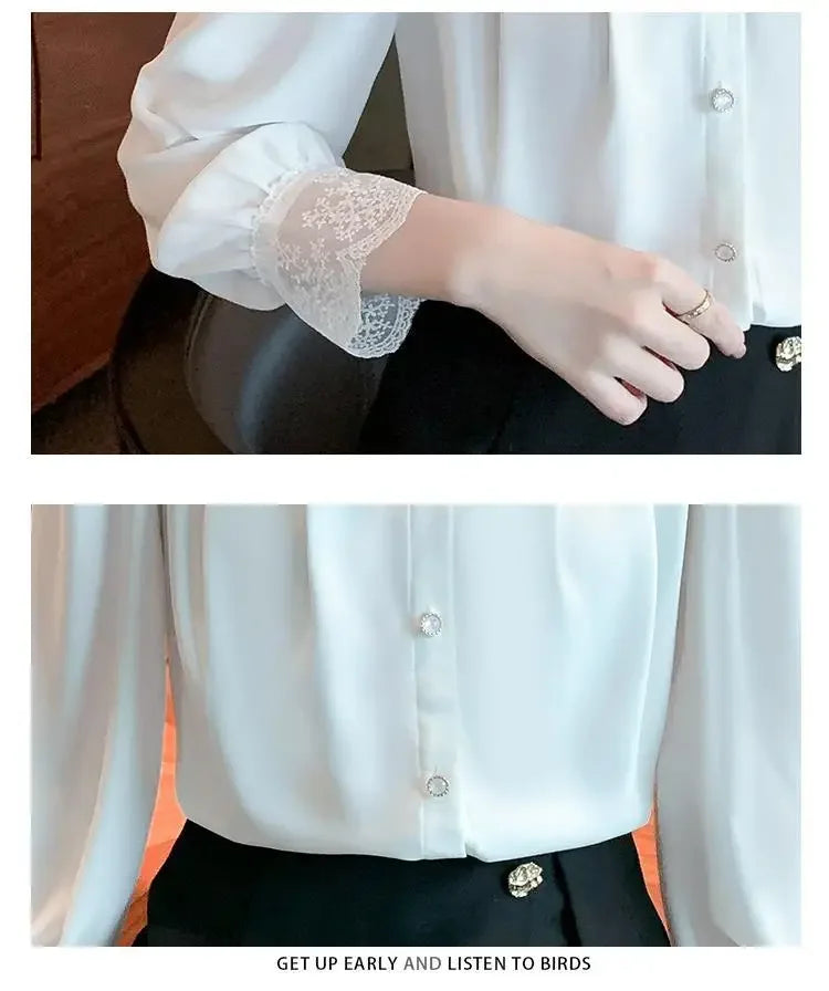 White Chiffon Blouse Spring New V-Neck