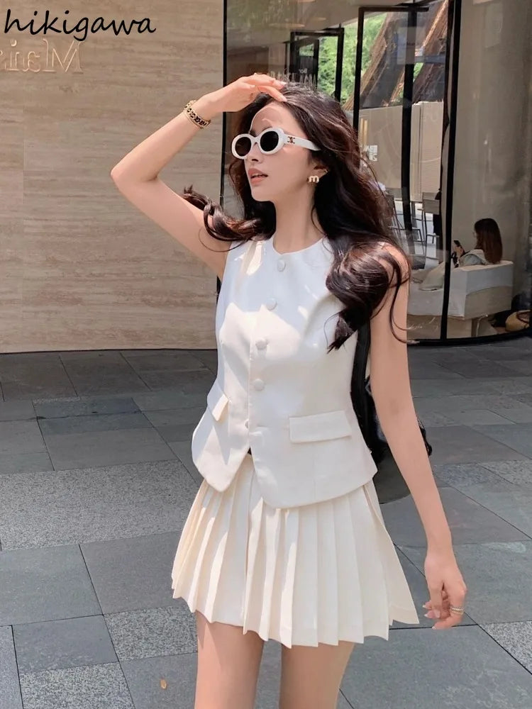 Two Piece Set Sleeveless Tunic Vest Coat High Waist Pleated Mini Skirts Outfits