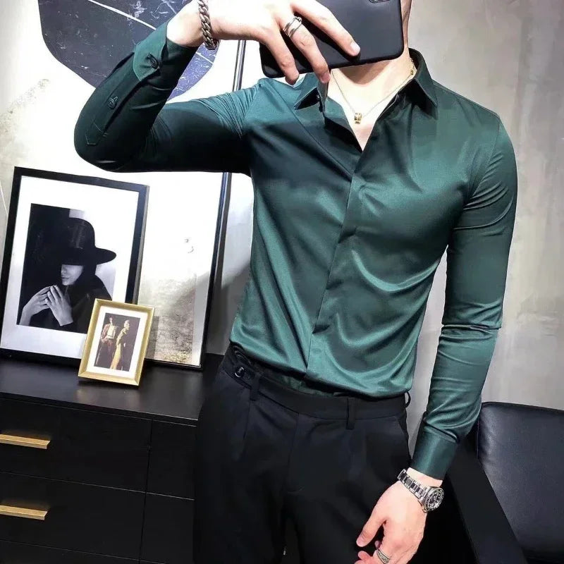Men's Shirt And Blouse Business Green Long Sleeve Male Top Plain