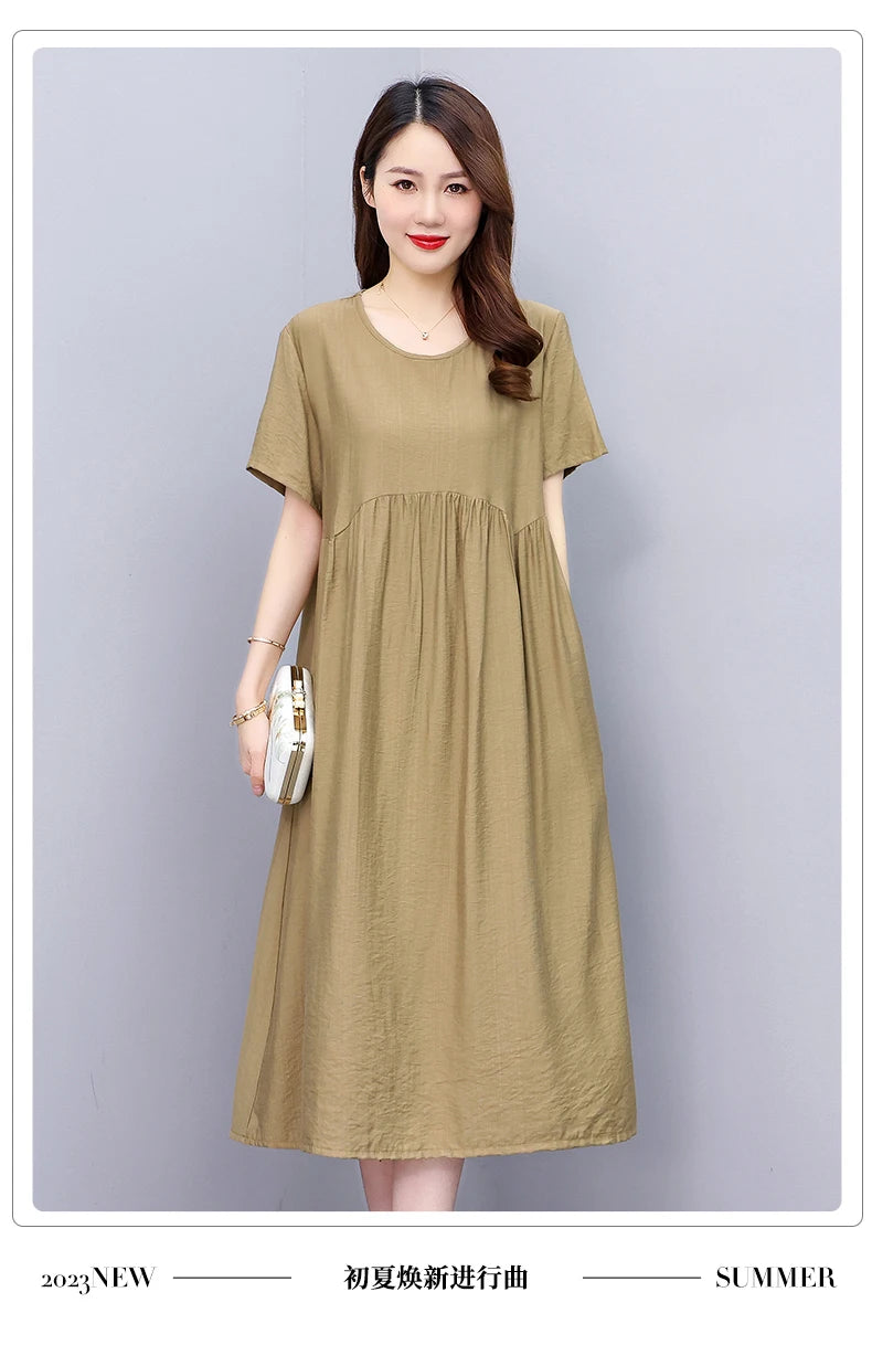 Vintage Elegant Short Sleeve Solid Women Dress O-Neck Dresses