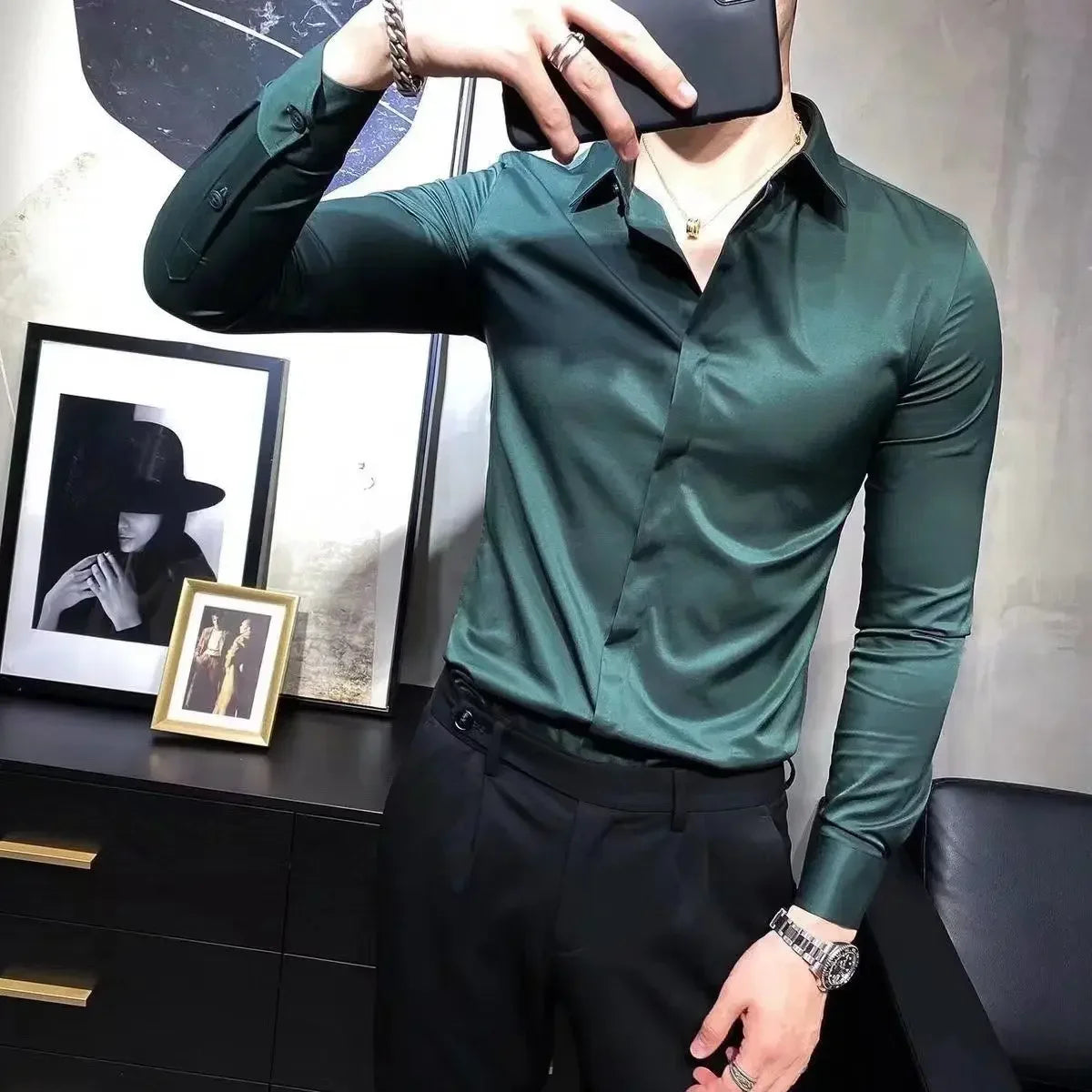 Men's Shirt And Blouse Business Green Long Sleeve Male Top Plain