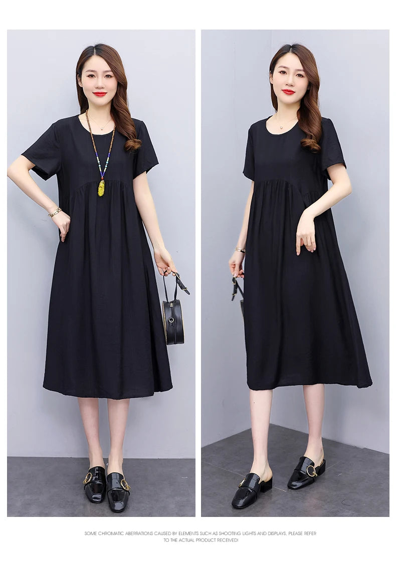 Vintage Elegant Short Sleeve Solid Women Dress O-Neck Dresses
