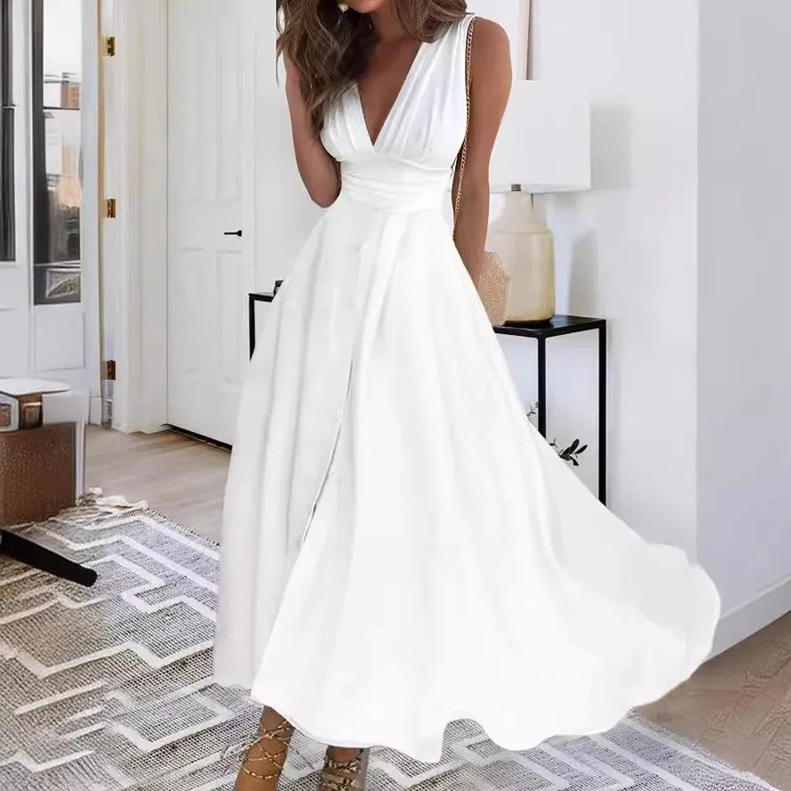 Sleeveless V Neck Side Zipper Style Long Dress Elegant Sundress