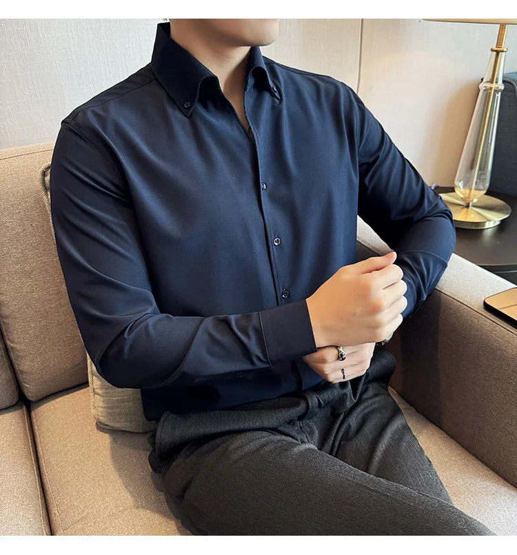 Men Dress Shirt 2025 Autumn British Style Solid Casual Slim Fit