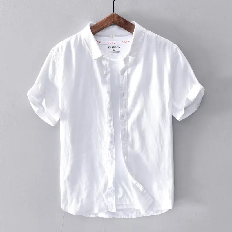 Cotton Linen Short Sleeve Shirts For Men Casual Fashion Yellow Turn Down