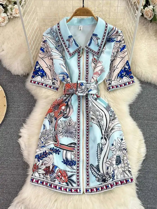 Short Sleeve Floral Print Sheath Bodycon Pencil Short Dress Shirt