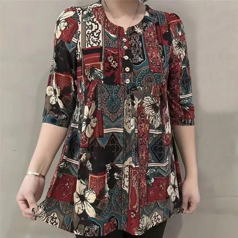 Ethnic Style Ice Silk T-shirt Summer Fashion O Neck