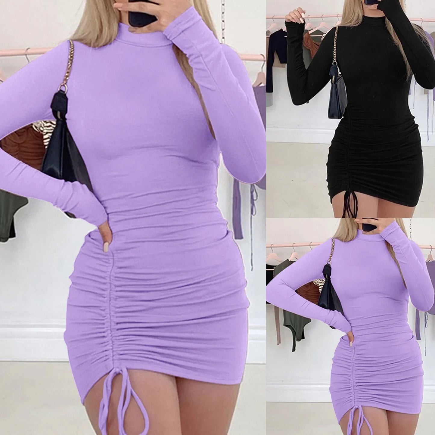 Dress Long Sleeve Solid Color Drawstring O-Neck