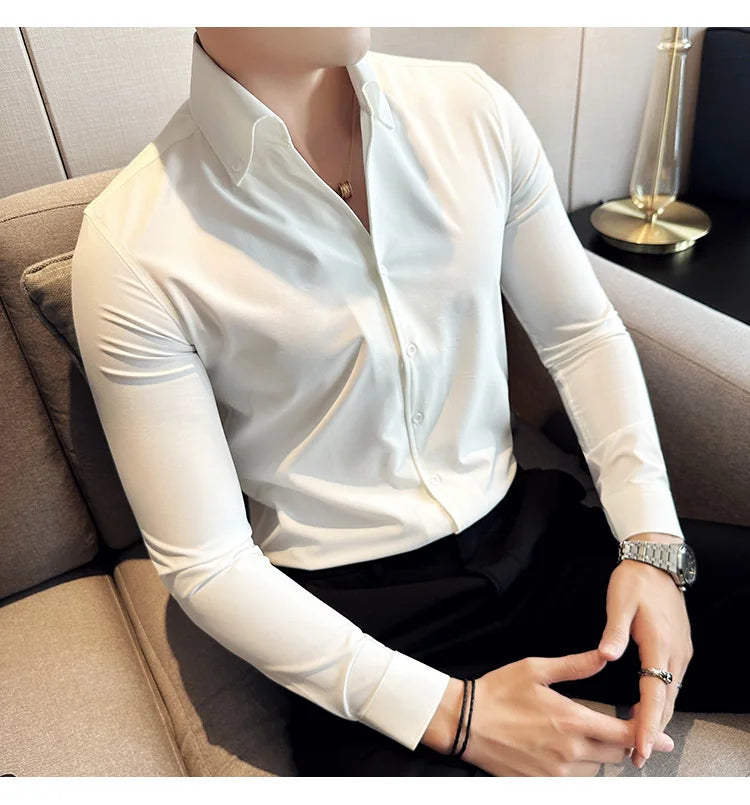 Men Dress Shirt 2025 Autumn British Style Solid Casual Slim Fit