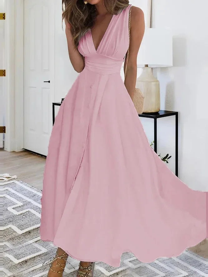 Sleeveless V Neck Side Zipper Style Long Dress Elegant Sundress