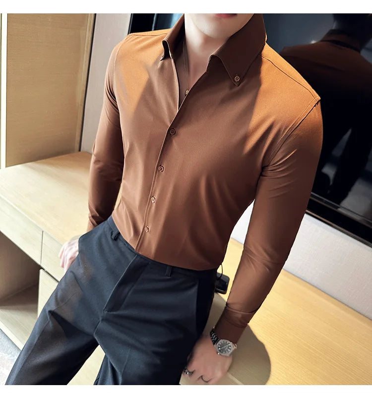 Men Dress Shirt 2025 Autumn British Style Solid Casual Slim Fit