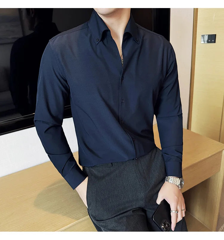 Men Dress Shirt 2025 Autumn British Style Solid Casual Slim Fit