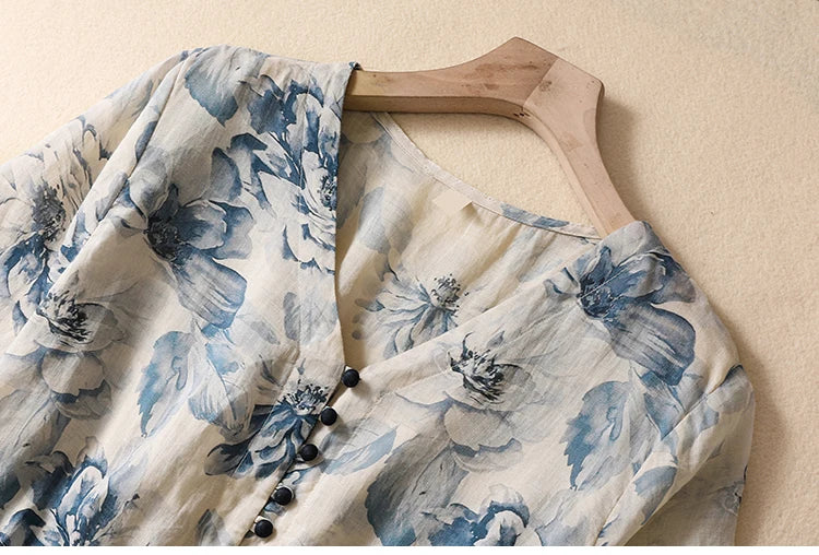 Casual Loose Print V Neck Short Sleeve