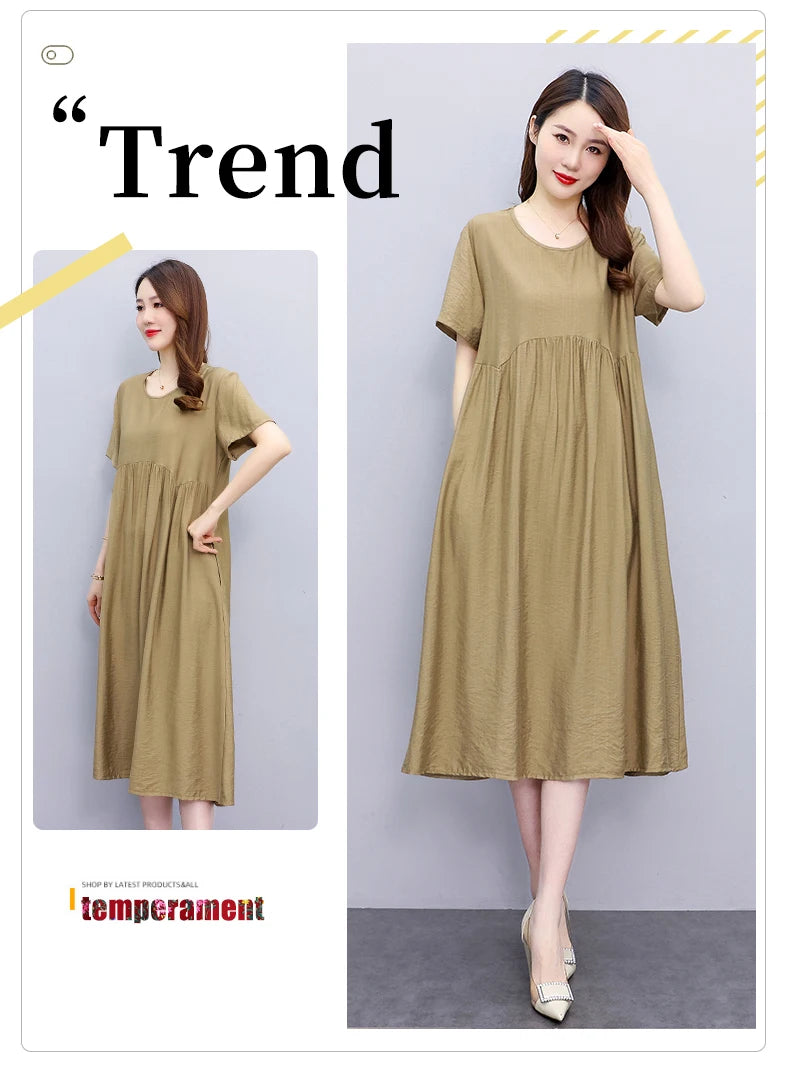Vintage Elegant Short Sleeve Solid Women Dress O-Neck Dresses