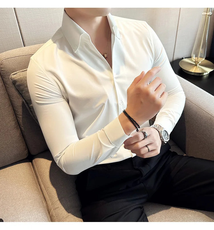 Men Dress Shirt 2025 Autumn British Style Solid Casual Slim Fit