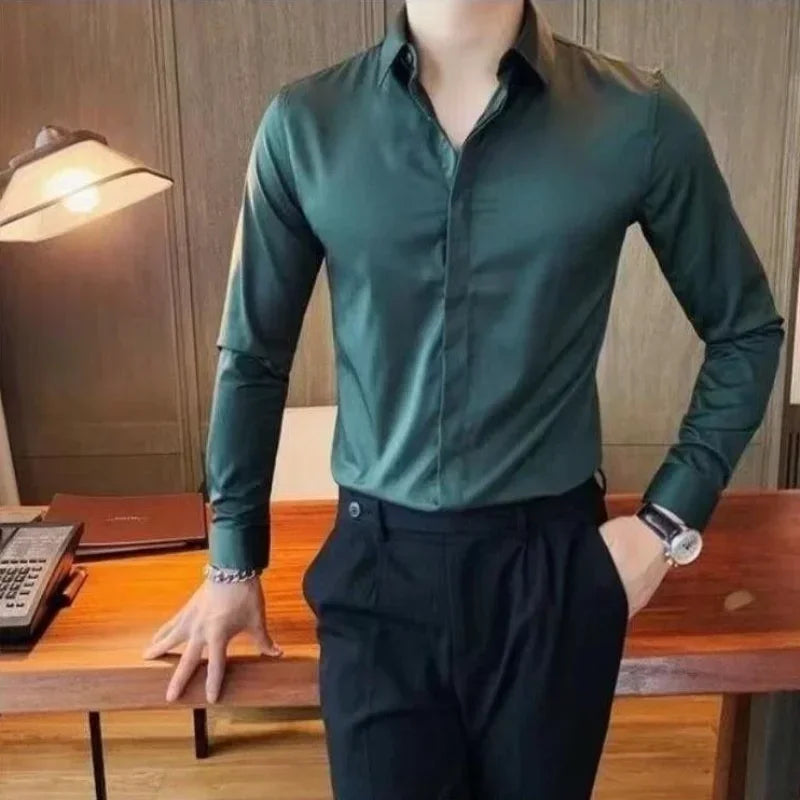 Men's Shirt And Blouse Business Green Long Sleeve Male Top Plain