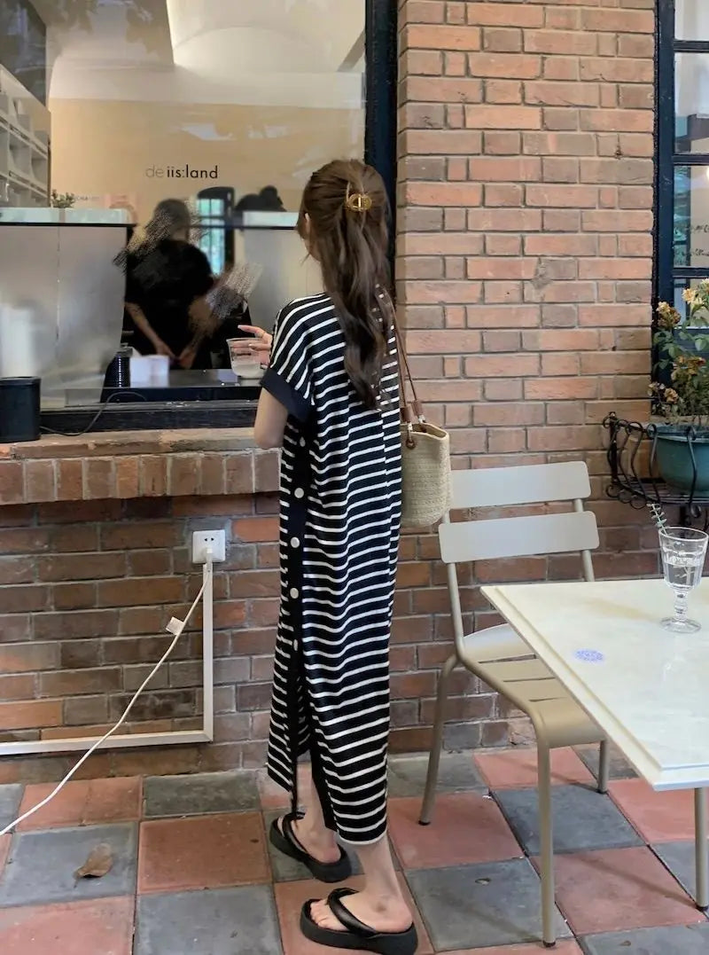 Casual Button Split Striped Dresses Short Sleeve Summer