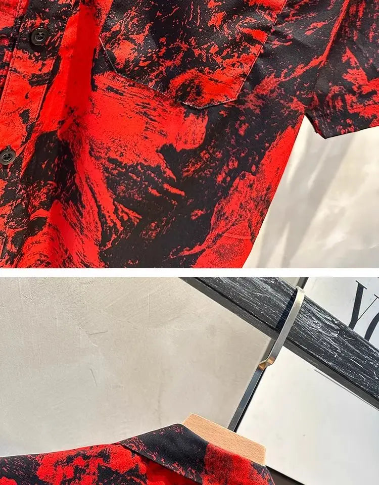 Vintage Print Button Up Shirt Casual Streetwear Y2K Short Sleeve