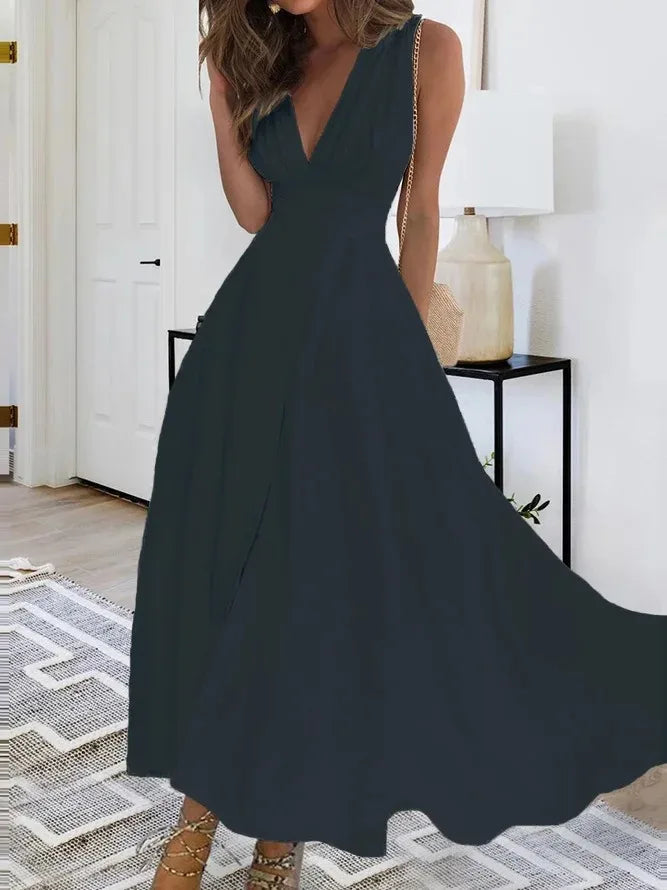 Sleeveless V Neck Side Zipper Style Long Dress Elegant Sundress
