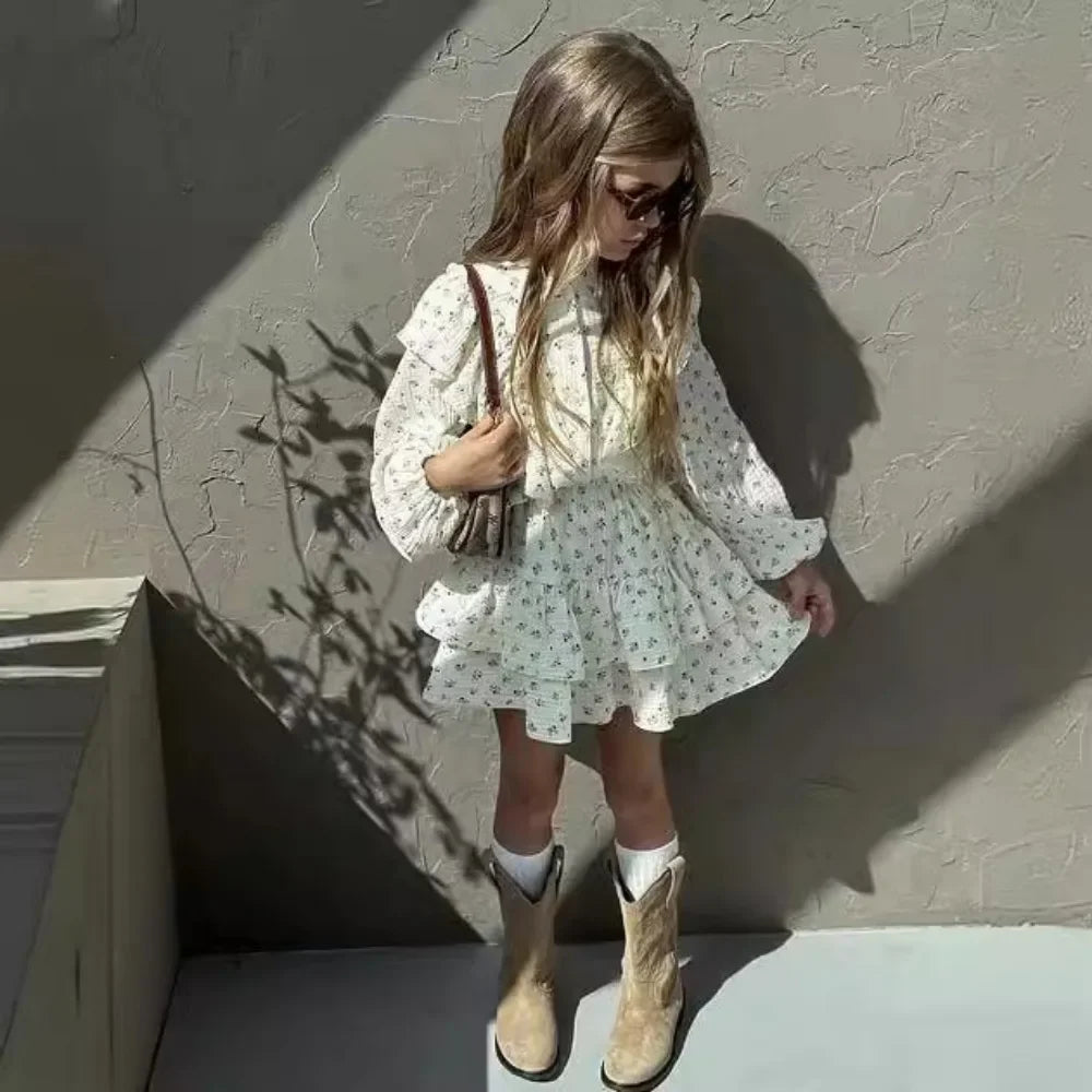 Girl's Dress Autumn Floral Lace Shirt+Cake Skirt Two-piece Set