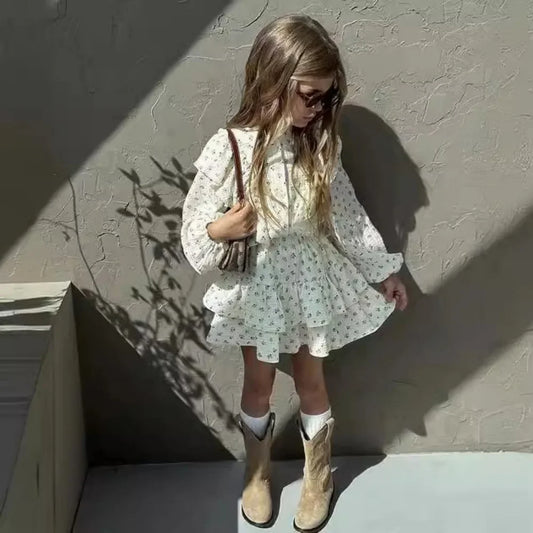 Girl's Dress Autumn Floral Lace Shirt+Cake Skirt Two-piece Set