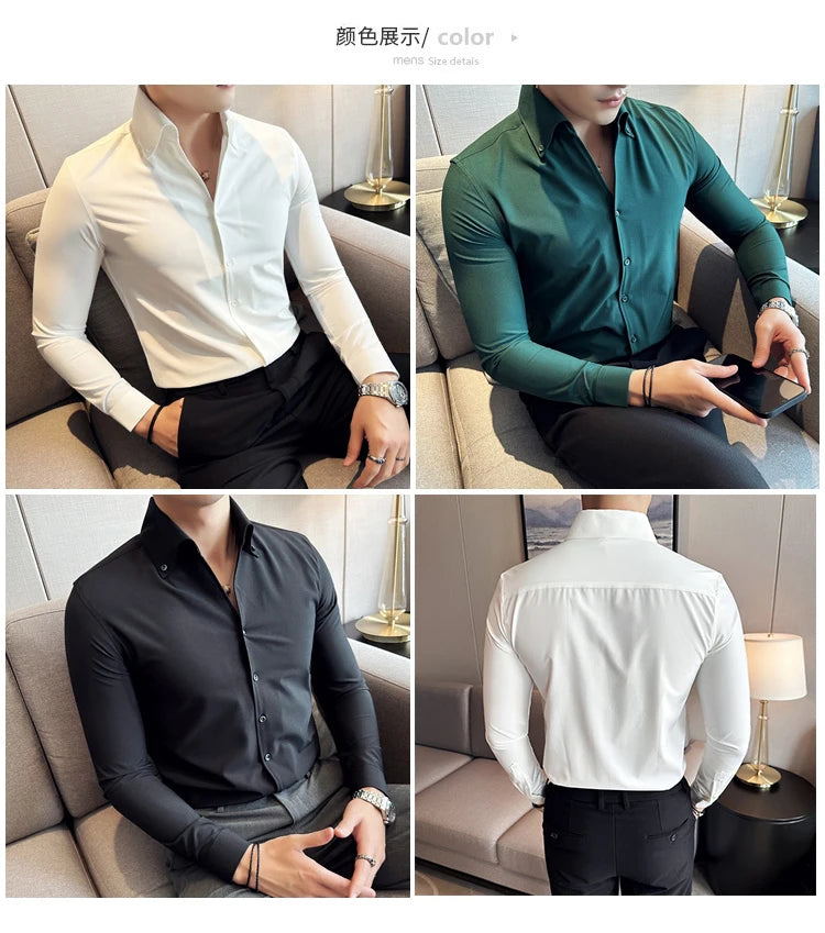 Men Dress Shirt 2025 Autumn British Style Solid Casual Slim Fit