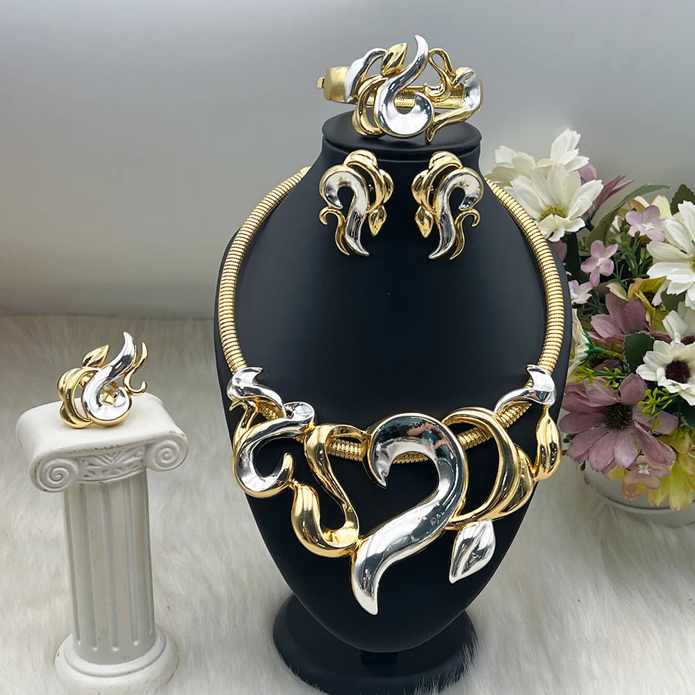 Luxury Jewelry Sets For Women Gold Color Earrings Choker Necklace Flame Bangle Ring