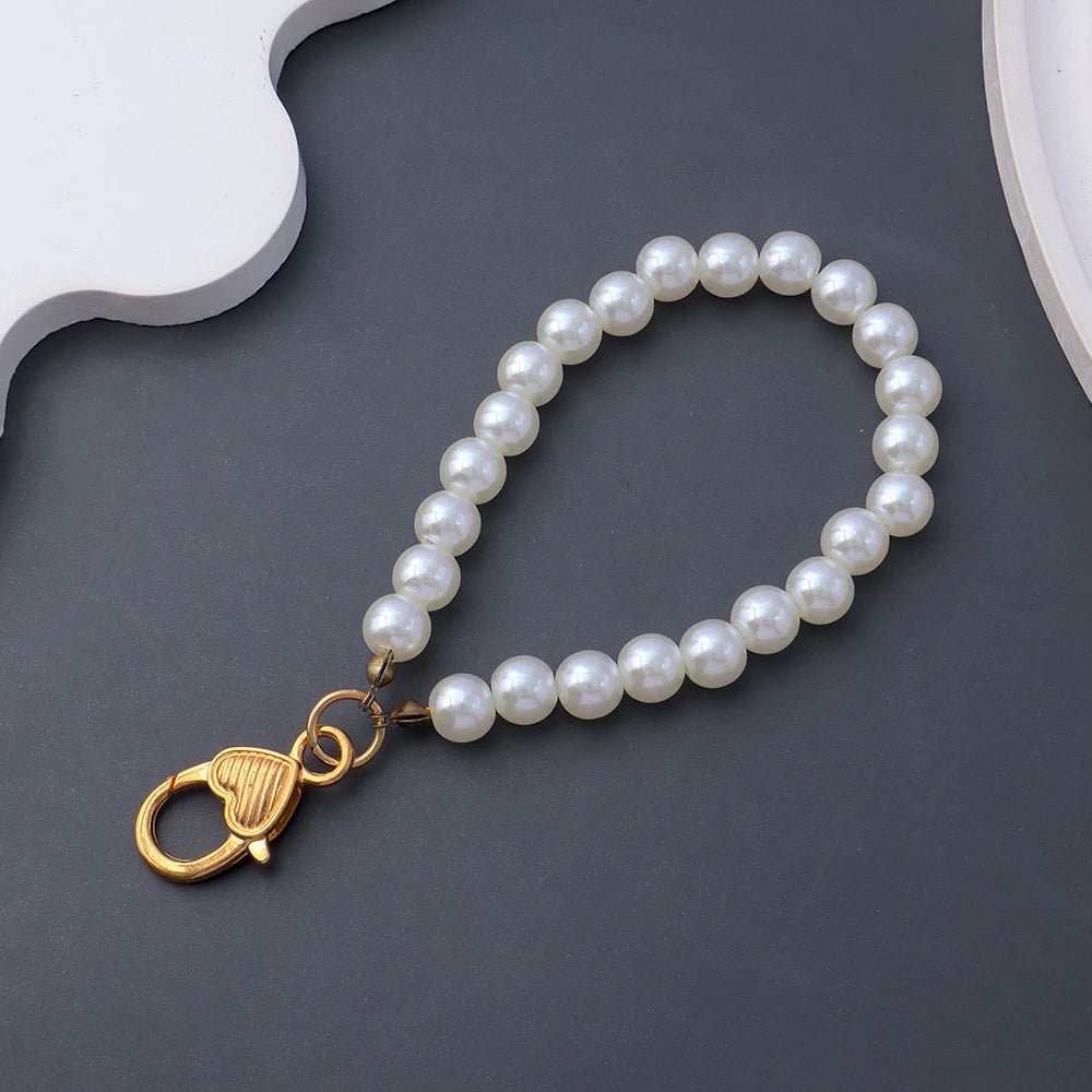 Classic Imitation Pearl Chain With Keyring Women Girls Anti-Loss Beaded