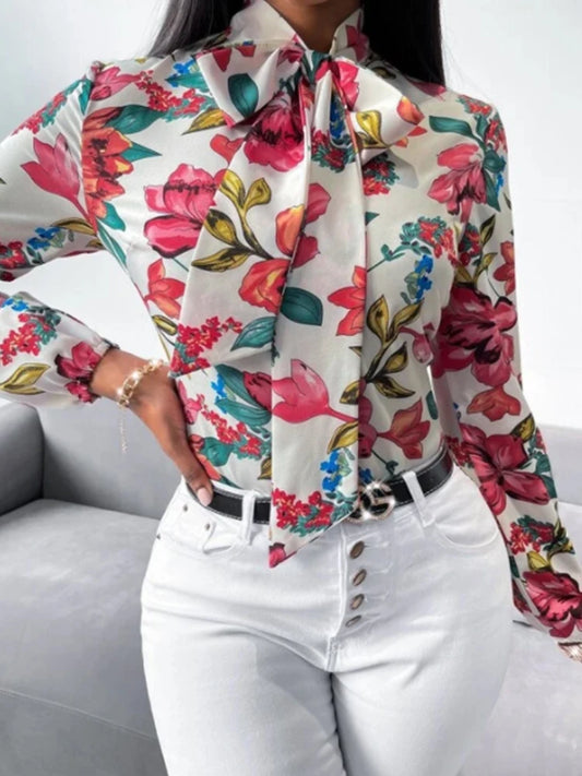 Women's Fashion Work Clothes Floral Print Bow Tie Shirt Fashion