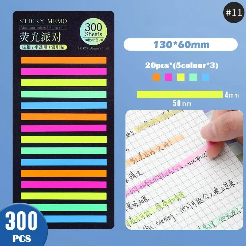 Rainbow Long Index Stickers 300 Sheets Fluorescent PET Waterproof Color