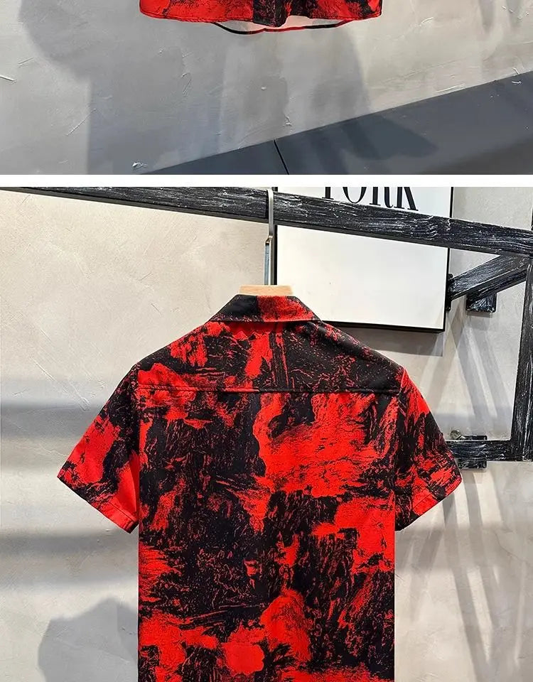 Vintage Print Button Up Shirt Casual Streetwear Y2K Short Sleeve