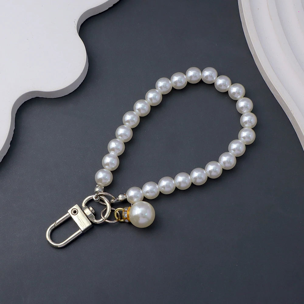 Classic Imitation Pearl Chain With Keyring Women Girls Anti-Loss Beaded