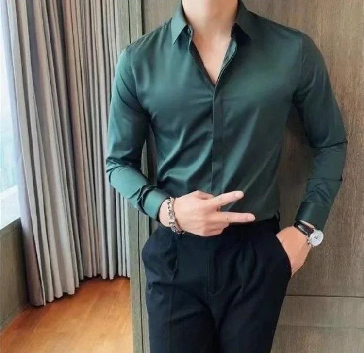 Men's Shirt And Blouse Business Green Long Sleeve Male Top Plain