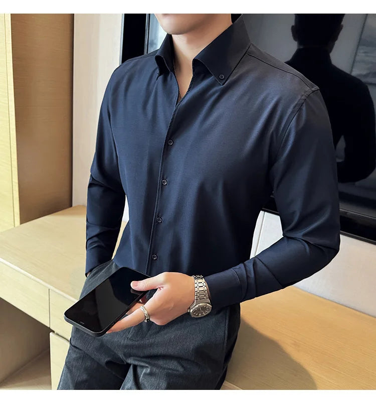 Men Dress Shirt 2025 Autumn British Style Solid Casual Slim Fit