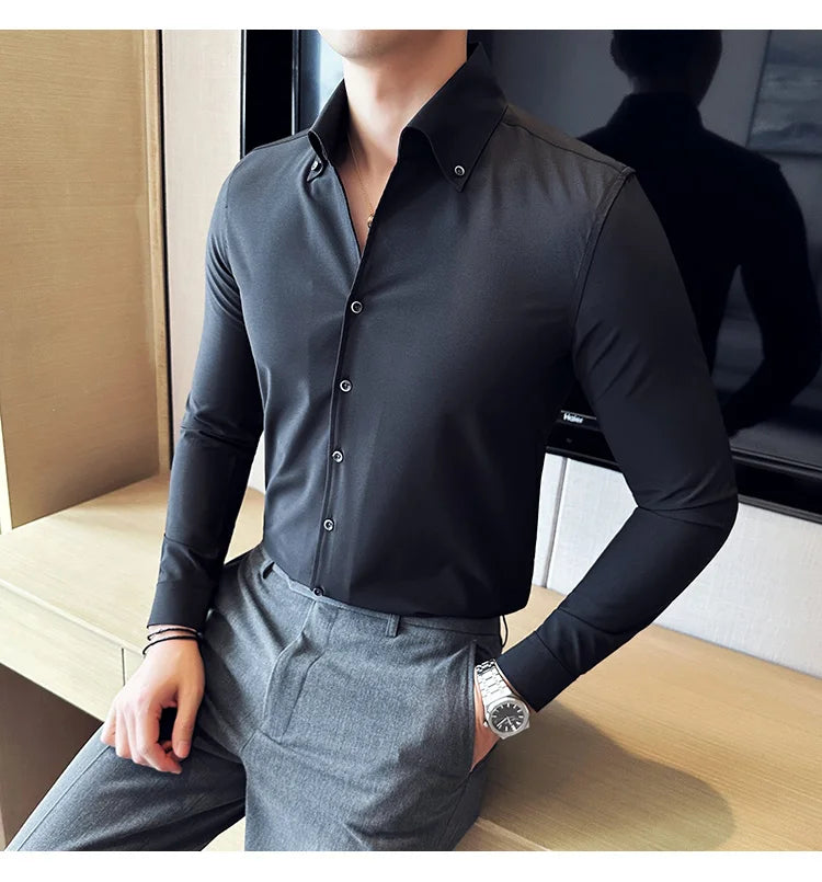 Men Dress Shirt 2025 Autumn British Style Solid Casual Slim Fit
