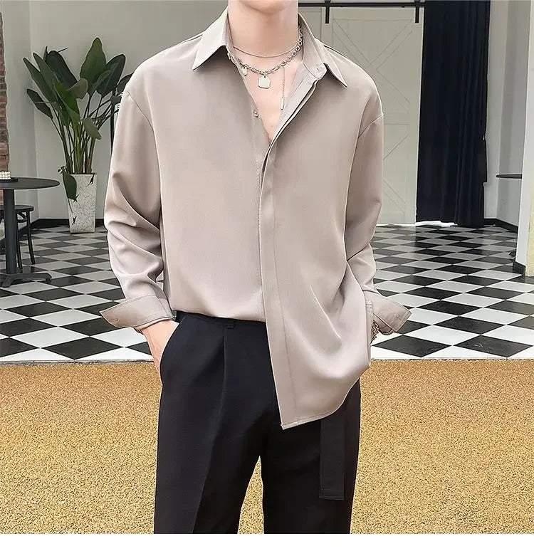 Men's Clothing Gray Chiffon Shirt Spring Fall Korean Style Loose Fit