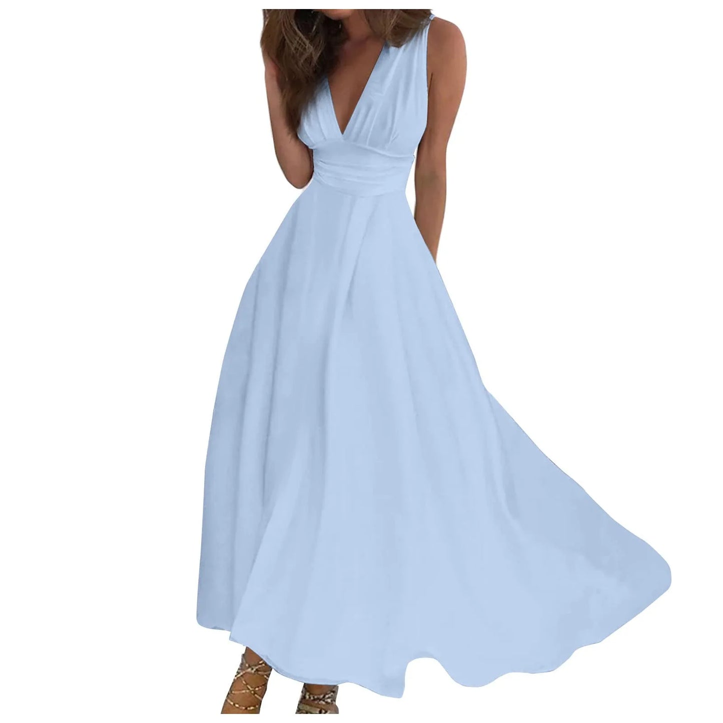 Sleeveless V Neck Side Zipper Style Long Dress Elegant Sundress