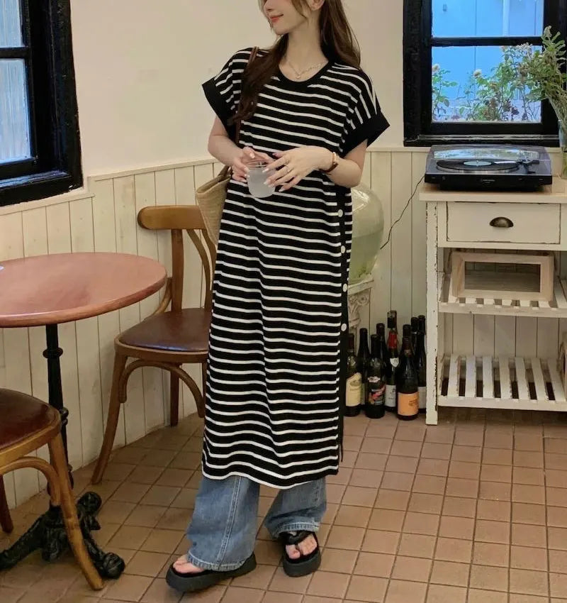 Casual Button Split Striped Dresses Short Sleeve Summer