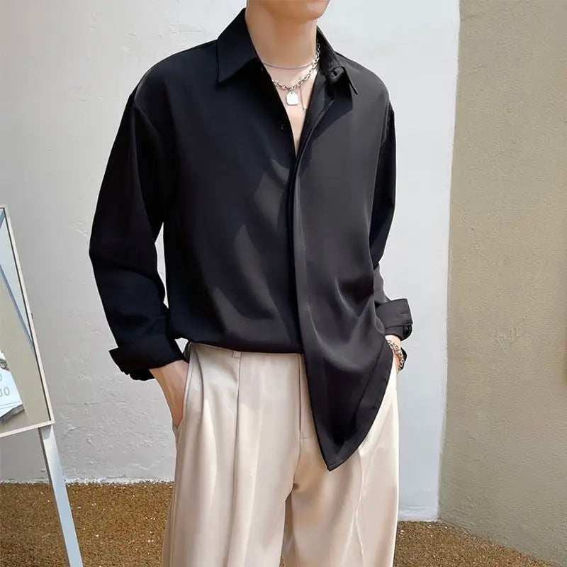 Men's Clothing Gray Chiffon Shirt Spring Fall Korean Style Loose Fit