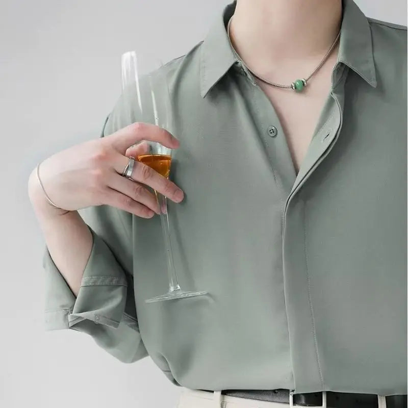 Men's Clothing Gray Chiffon Shirt Spring Fall Korean Style Loose Fit