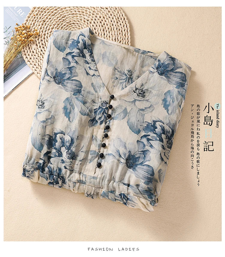 Casual Loose Print V Neck Short Sleeve