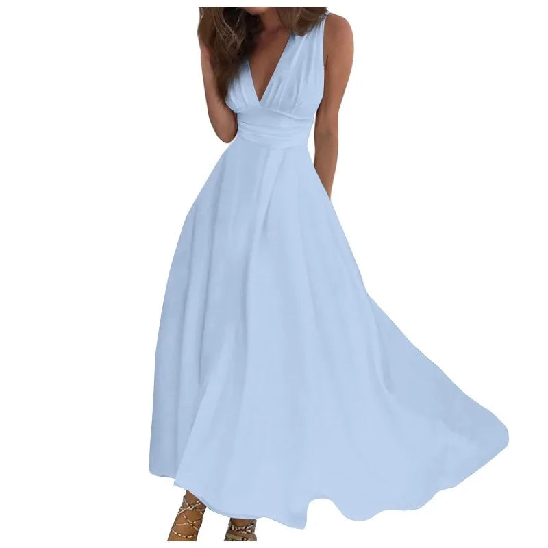 Sleeveless V Neck Side Zipper Style Long Dress Elegant Sundress