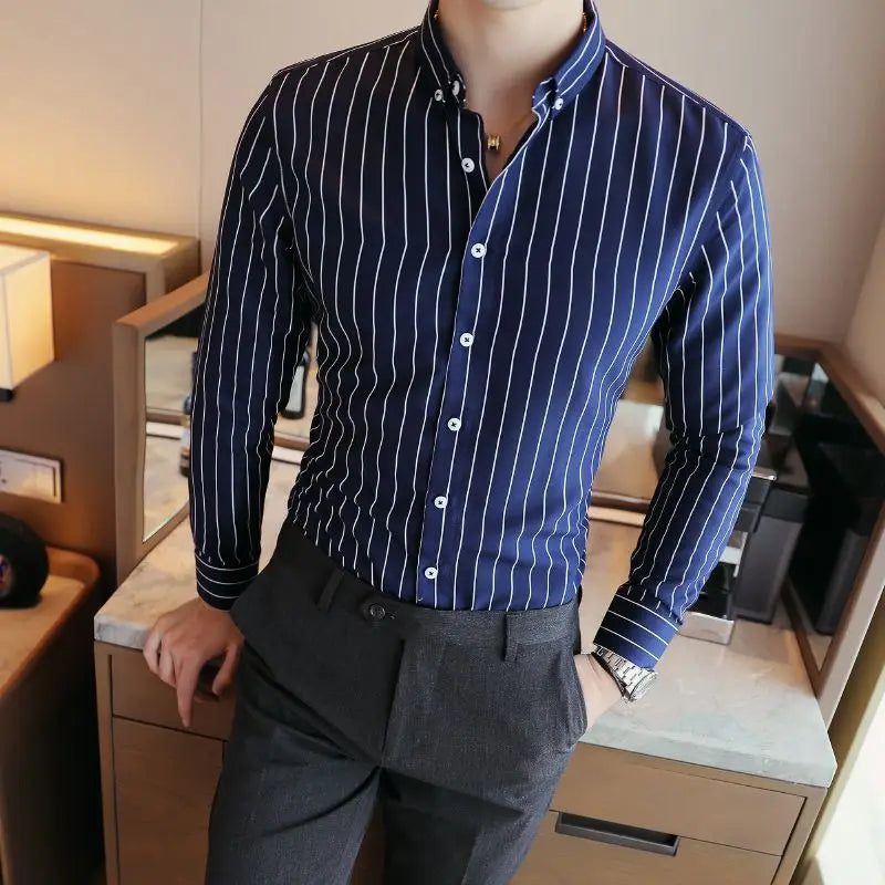 Men's Clothing Fashion British Style Striped Business Casual All Match Shirt