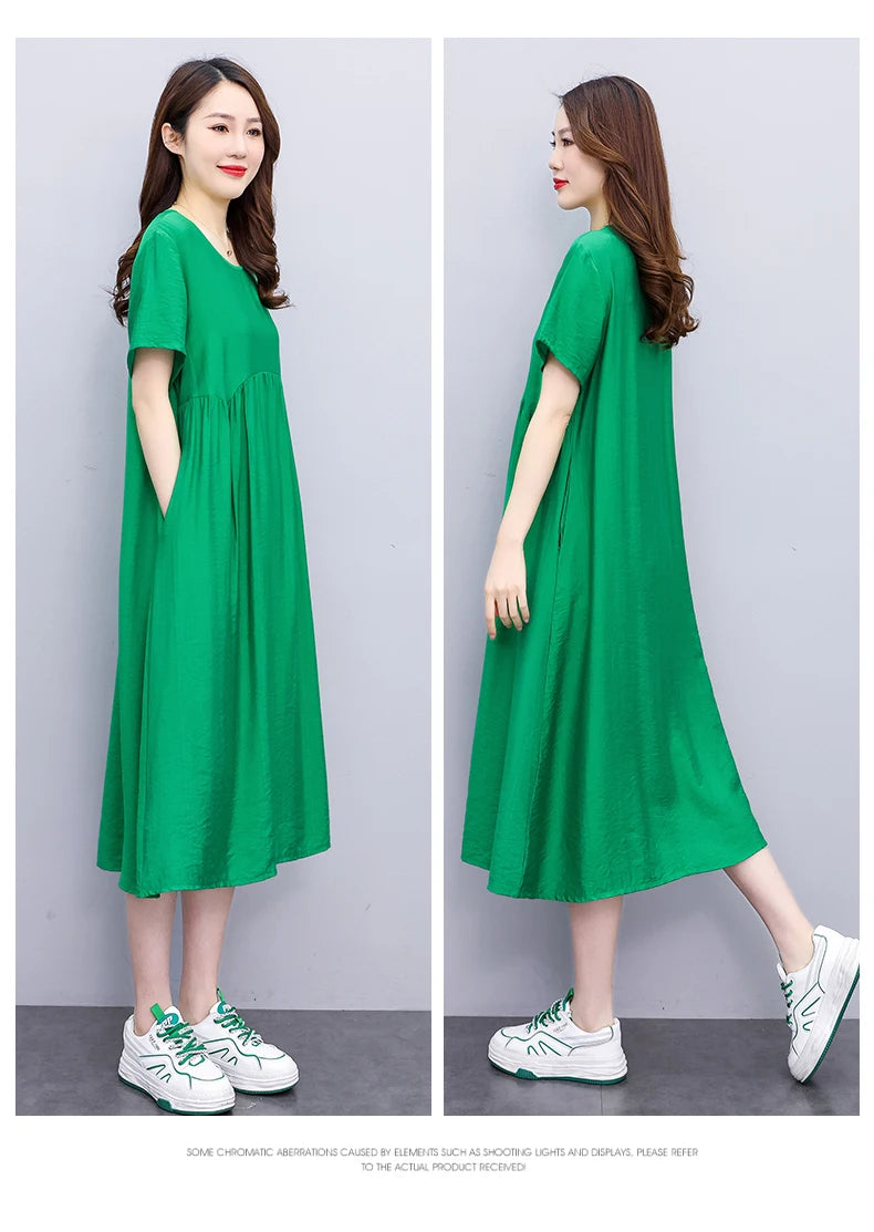 Vintage Elegant Short Sleeve Solid Women Dress O-Neck Dresses