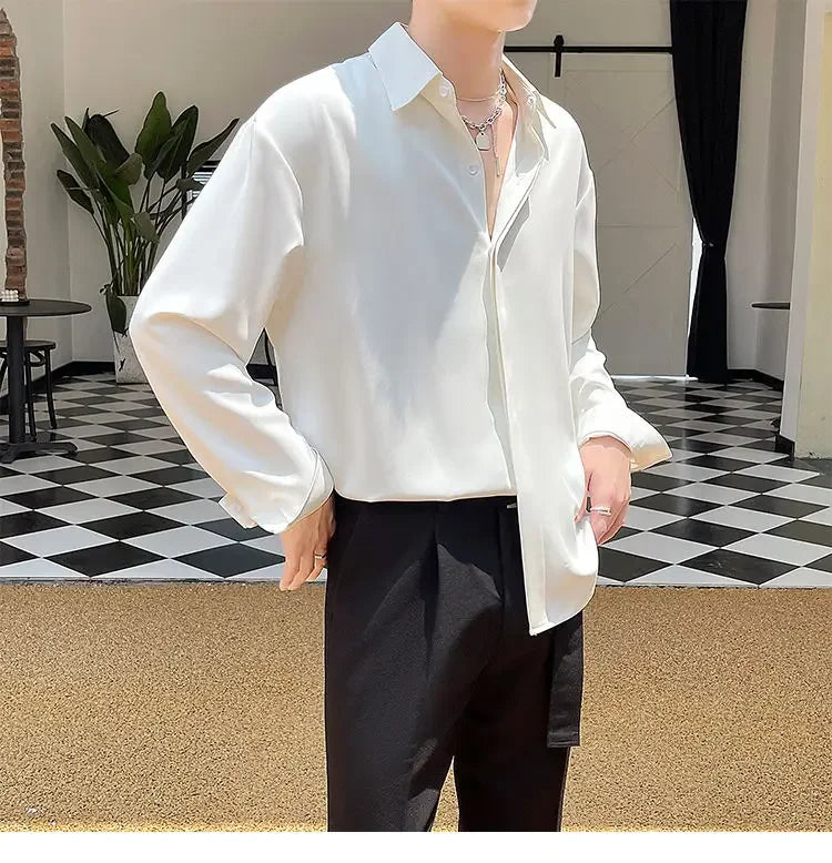 Men's Clothing Gray Chiffon Shirt Spring Fall Korean Style Loose Fit